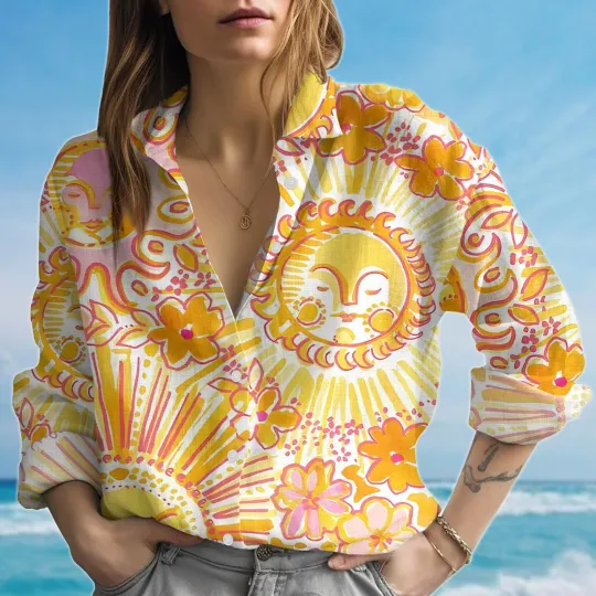 Discover Sunshine Blouse Shirt for Women, Retro Sun and Floral Blouse Shirts