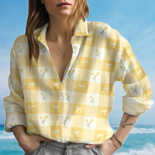 Discover Gingham Floral Bow Blouse Shirt, Cute Button Up Women Summer Shirts