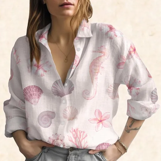 Discover Seahorse Seashell Coral Blouse Shirt, Beach Ocean Women Blouse Shitrts