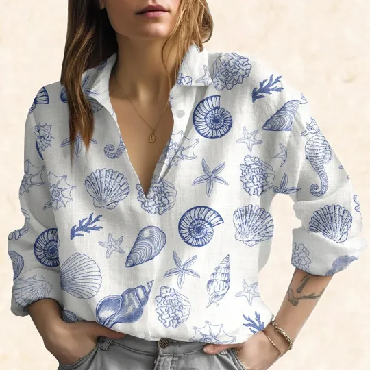 Discover Seahorse Seashell Coral Blouse Shirt, Beach Ocean Women Shirts