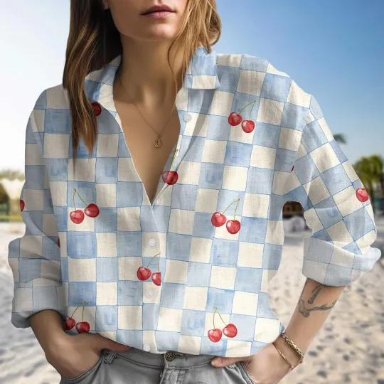 Cherry Checkerboard Blouse Shirt, Gingham Fruit Shirt For Women Summer