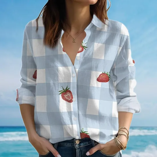 Discover Strawberry Gingham Blouse Shirt For Women, Cute Summer Blouse Shirts