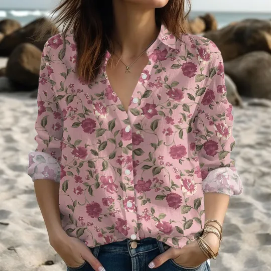 Discover Romantic Floral Blouse Shirt, Vintage Burgundy Flowers Shirts