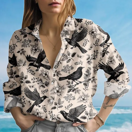 Discover Vintage Bird Floral Blouse Shirt, Nature Lovers Casual Shirts