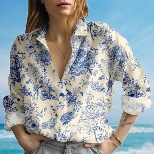 Discover Beige Blue Blouse Shirt Vintage Porcelain Women Shirt Long Sleeve Shirt Soft Bot