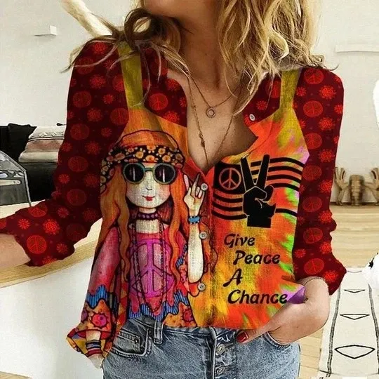 Discover Linen Peace Sign Blouse Shirt for Women