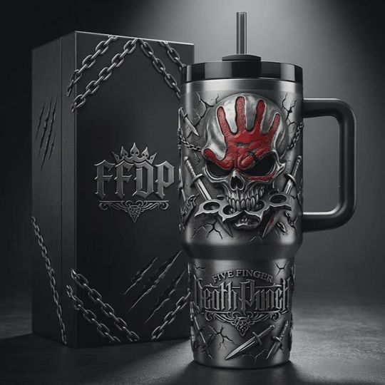 Discover Five Finger Death Punch 40oz Tumbler With Handle FFDP Knuckle Skull Insulated Cup Heavy Metal Fan Gift Travel Mug Rock Band Merch Gear