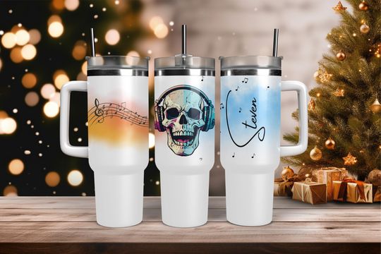 Discover Skull Music Tumbler, Personalized Stainless Steel Cup, 40oz