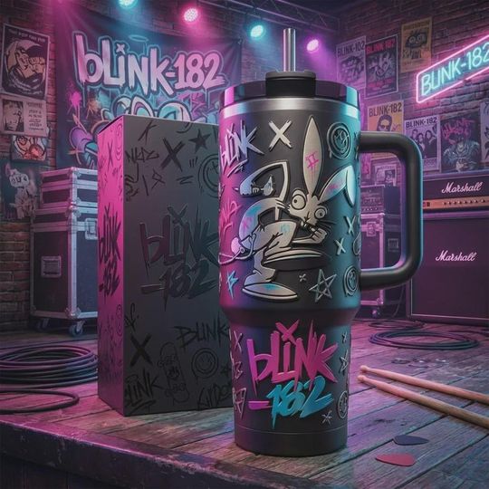 Discover B182 40oz Tumbler With Handle Pop Punk Bunny Insulated Cup Rock Band Fan Gift Graffiti Art Travel Mug 90s Music Skater Style Merch