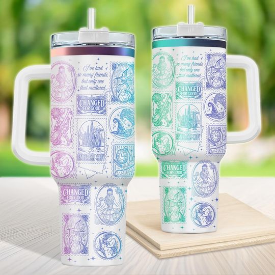 Discover Witch Stamp Engraved Tumbler 40oz, Wizard 0z Tumbler with Handle, Bookish Musical Travel Cup, Fantasy Engraved Mug, Green Pink Coffee C