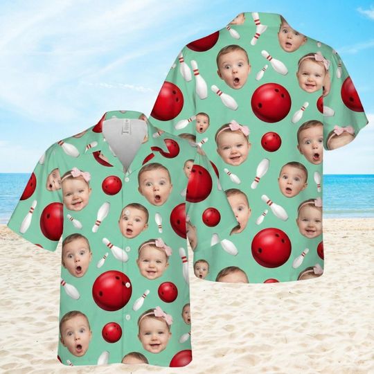 Discover Custom Face Bowling Hawaiian Shirt, Personalized Funny Bowler Team Photo Beachwear Uniform Gift