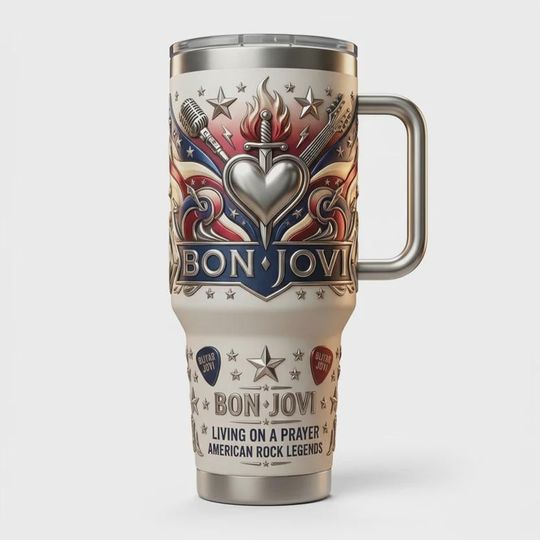 Discover Bon Jovi 40oz Tumbler With Handle Living On A Prayer Insulated Cup 80s Rock Band Fan Gift Heart Dagger Art Travel Mug American Legend Gear