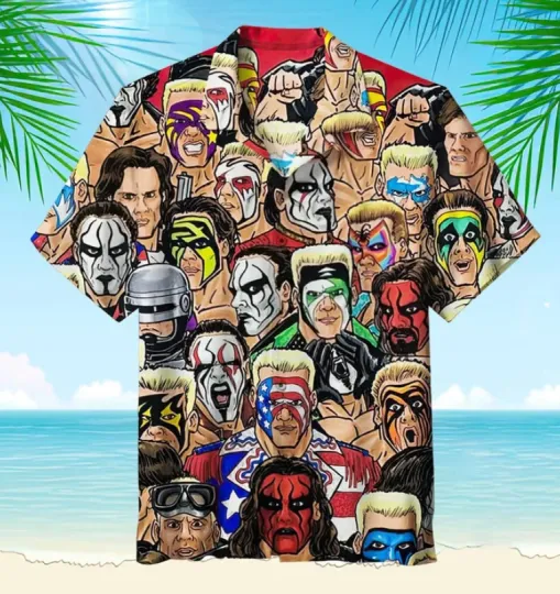 Discover Wrestling Character Collage Art Hawaiian Shirt, Casual Shirt For Men