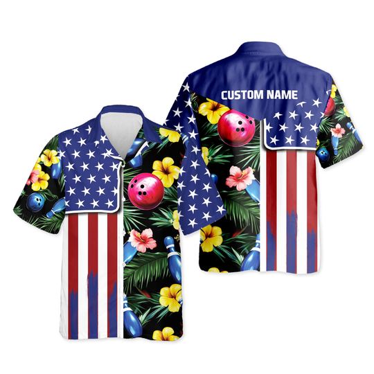 Discover Personalized Bowling Hawaiian Shirt, Custom Name Patriotic Aloha Shirt, USA Bowling Button Up, Bowler Gift Shirt
