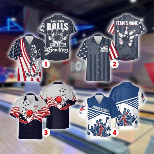 Bowling Hawaiian Shirt | American Flag Team Print | Custom Unisex League Night Tournament Button Down