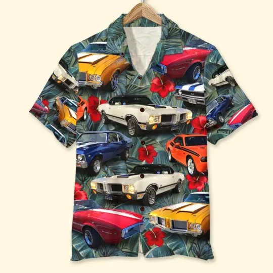 Muscle Car Hawaiian Shirt Mens Tropical Hibiscus Floral Retro Hot Rod Tee