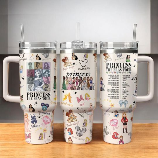 Discover Cartoon Characters 40oz Tumbler, Princess Tumbler 40oz with Handle, Magical Kingdom Castle Gift for Fans, Cartoon 40oz Quencher Tumbler