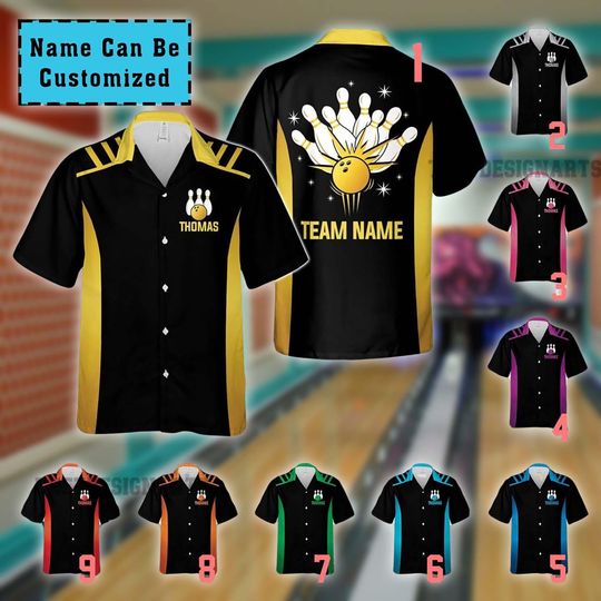 Discover Personalized Bowling Hawaiian Shirt | Custom Name Retro Button Down | Matching Bowling Team Style | Bowler Gift for League Night