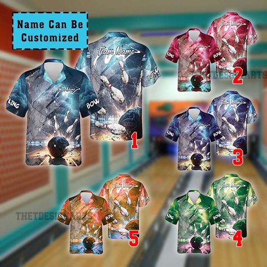 Discover Custom Bowling Hawaiian Shirt | Personalized Team Name & Number | Cracked Colorful Pin Print | Mens League Night Tournament Button Down