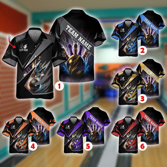 Discover Custom Bowling Hawaiian Shirt | Premium Comfort Multicolor Options | Bowling Ball & Pins Print | Personalized Team Shirt for League Night