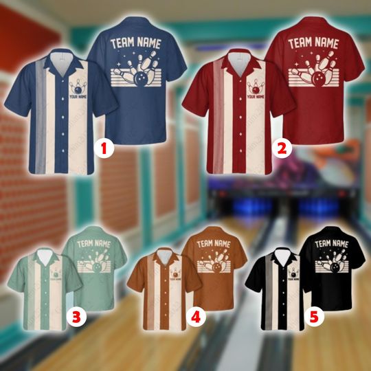 Discover Custom Bowling Hawaiian Shirt, Vintage Retro Comfort Fit, Black Blue Red Green Multicolor Options, Mens League Night Tournament Button Down