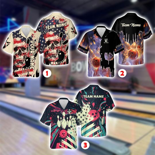 Discover Custom Bowling Hawaiian Shirt | Personalized Name & Team 3D Print | Gothic Skull Bowling Pins Design | League Night Tournament Button Down