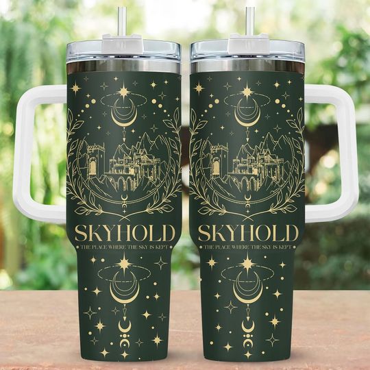 Discover Fantasy 40oz Tumbler with Handle, Skyhold Castle Magic Print Travel Mug, Stainless Steel Cup, Gift for Fantasy Fan