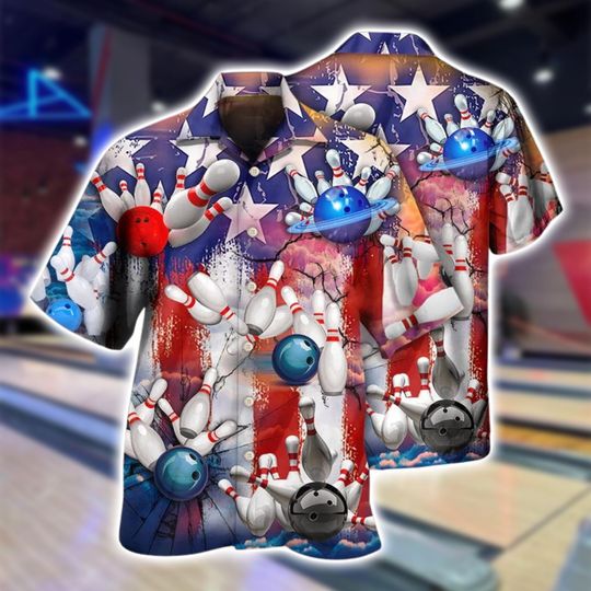Patriotic Bowling Hawaiian Shirt | Lightweight Breathable Comfort | American Flag Pattern Print | League Night Tournament Button Down