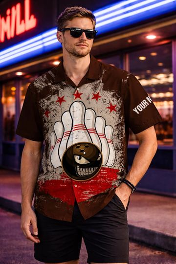Patriotic Bowling Hawaiian Shirt | Lightweight Breathable Comfort | American Flag Pattern Print | League Night Tournament Button Down