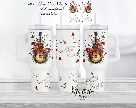 Discover Guitars music nout Butterflies and Flowers 40 oz. Tumbler Wrap Sublimation Design Full Template Digital Download Curved & Straight Bottom