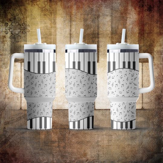 Discover Piano Musical Note 40 oz Tumbler Sublimation Design, Instant Digital Download PNG, Tumbler with Handle Wrap, Keyboard Design, Music Lover
