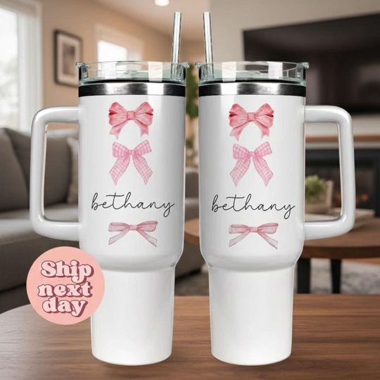 Discover Pink Bows Personalized 40oz Tumbler, Custom 40oz Tumbler Gift For Her, Cute 40oz Tumbler For Women, Birthday Gift Idea