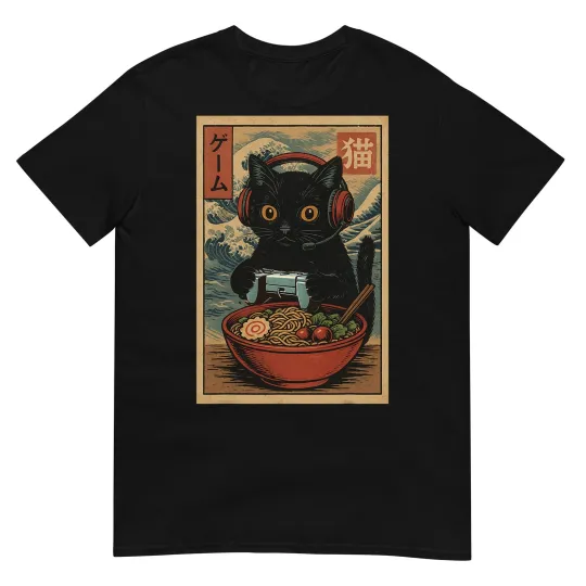 Discover Cute Kawaii Gamer Cat Funny Ramen Retro Japanese Cat Gaming T-Shirt