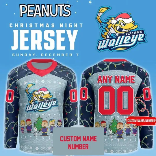 Discover Personalize Toledo Walleye x Peanuts Christmas Night Hockey Shirt Men's Fan Gear