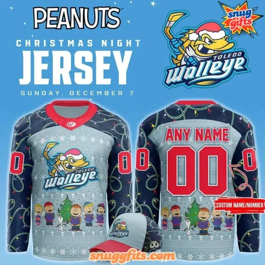 Discover Personalize Toledo Walleye x Peanuts Christmas Night Hockey Shirt