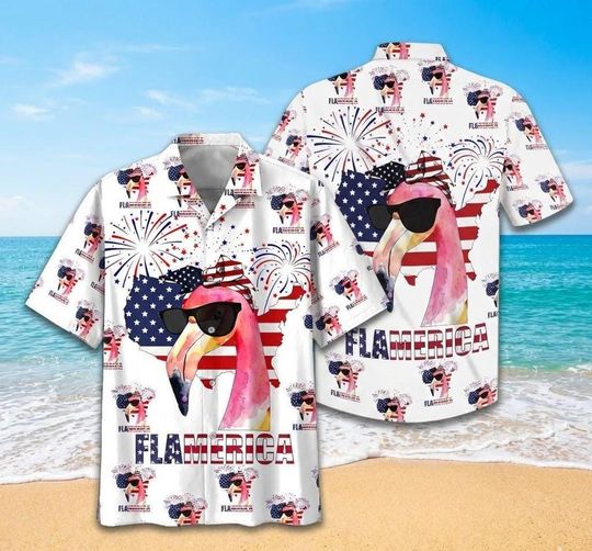 Discover America Flamingo Hawaiian Shirt, 1776 2026 Patriotic 4th of July Wear