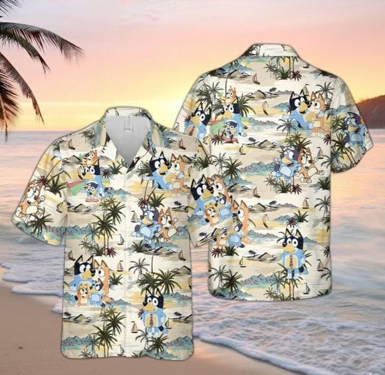 Discover Cartoon Family Hawaiian Shirt, Tropical Pattern Button-down, BlueyDad Vacation Shirt, Beach Summer Outfit, Family Gift