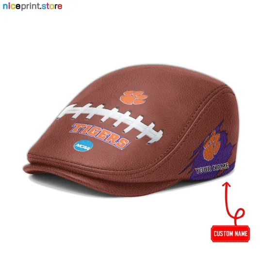 Clemson Team Tigers Leather Jeff Cap NCAA Driver Cap NCAA Leather Flat Cap