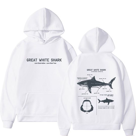 Discover Marine Animals Great White Shark Anatomy Graphic Hoodie Men Women Casual Oversized Pullover Men's Vintage Fleece Cotton Hoodies