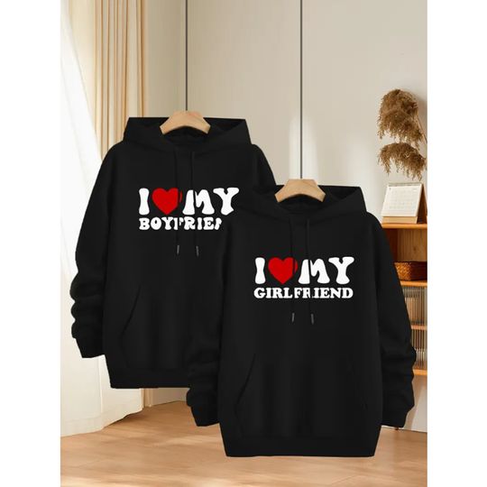 Discover Men's Long Sleeves Couple Sets I Love My Boyfriend Hoodies Sweatpants Suits Women Hoodie Sweatshirts and Joggers Lover Sets
