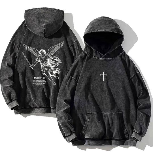 Discover Vintage PSALM 91:11 Print Washed Hoodie Casual Hip Hop Men Women High Street Retro Hooded Sweatshirt Winter Pullover