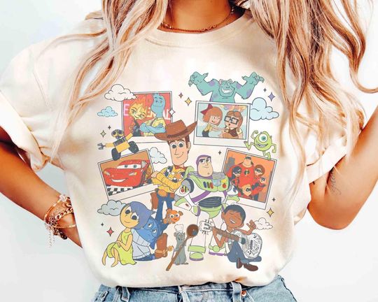 Discover Retro Disney Pixar Characters Photos Shirt, Toy Story, Up, Remy, Monster INC, Cars, Incredible, Disneyland Family Vacation, Disney Girl Trip
