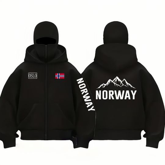 Discover Autumn Winter Men's and Women's Norway flag pattern fleece zip up hoodies Balaclava Hooded Mask Design Fashionable sweatshirt