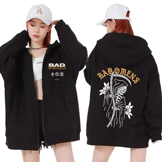 Discover Bad Omens Band Music Tour 2023 Zip Up Hoodie Retro 90s Men Hip Hop Zipper Hooded Male Fashion Loose Sweatshirt Jacket Streetwear