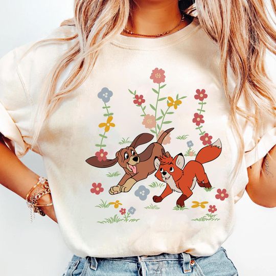 Discover Disney The Fox And Hound Tod and Copper Flower T-Shirt, Magic Kingdom, Disneyland Family Vacation Shirt, Birthday Gifts, Animal Kingdom Tee