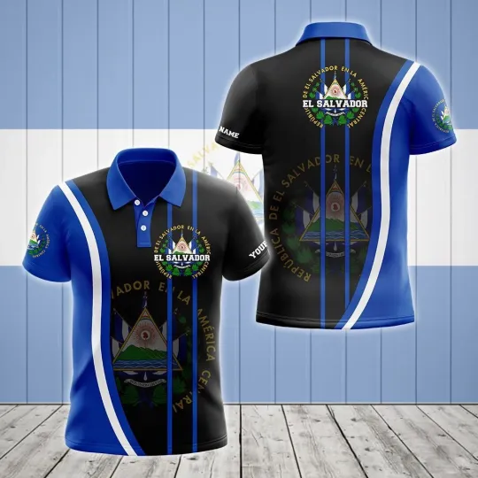 Discover Custom Name El Salvador Flag Wave Unisex Adult Polo Shirt Gift for Men and Women