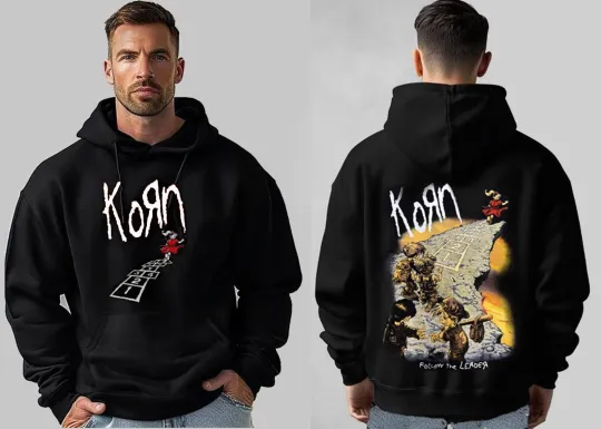 KORN FOLLOW THE LEADER  BLACK HOODIE MEN'S 100% SILK SCREEN