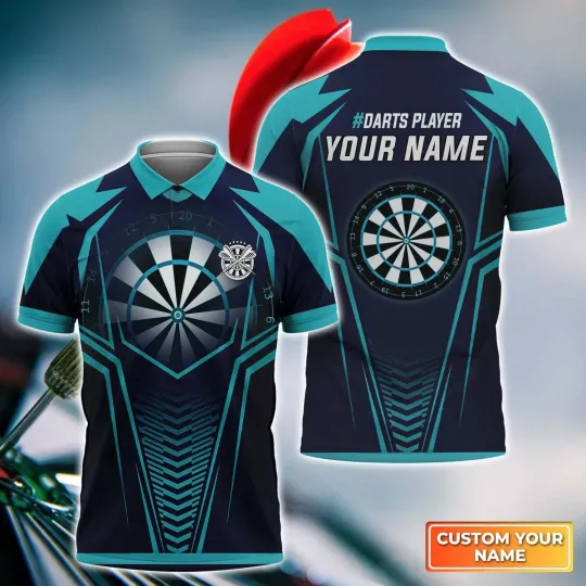 Dartboard And Arrow Blue Personalized Name 3D Polo Shirt, Dart Team Shirts