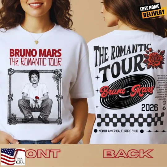 Discover Bruno Mars The Romantic Tour 2026 T-Shirt with Tour Dates Back Two-Sided Tee