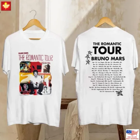 Discover Bruno Mars The Romantic Tour 2026 T-Shirt Two-Sided Design with Tour Dates